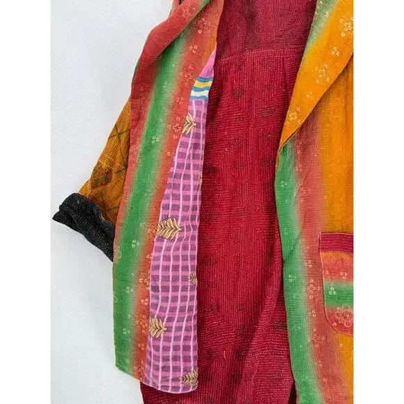 Kantha Bae Womens Colorful Orange Gauze Boho Open 3/4 Sleeve Jacket Free Size